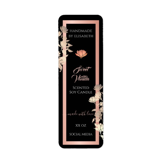 Black Floral Rose Gold Product Packaging Labels & (Front)