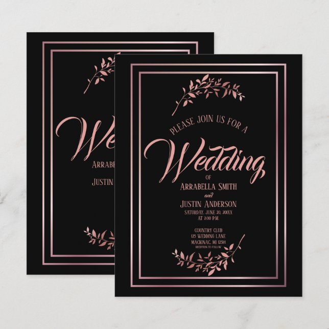 Black Floral Rose Gold Script Elegant Wedding Invitation (Front/Back)
