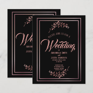 Black Floral Rose Gold Script Elegant Wedding Invitation