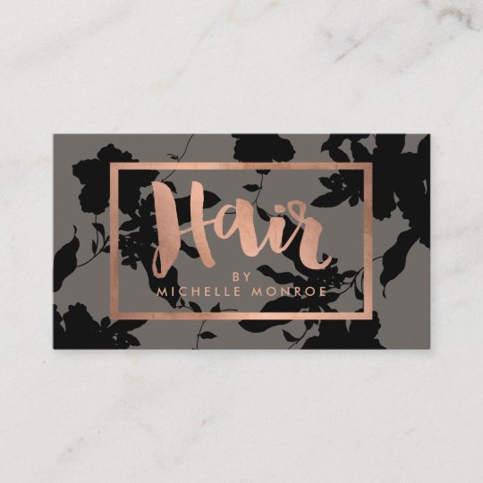 Black Floral Rose Gold Text Hair Stylist Grey Business Card