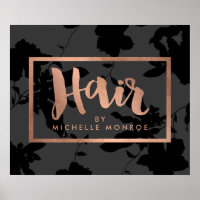 Black Floral Rose Gold Text Hair Stylist Poster