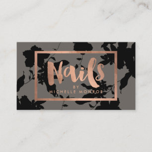 Black Floral Rose Gold Text Nail Salon Grey Business Card