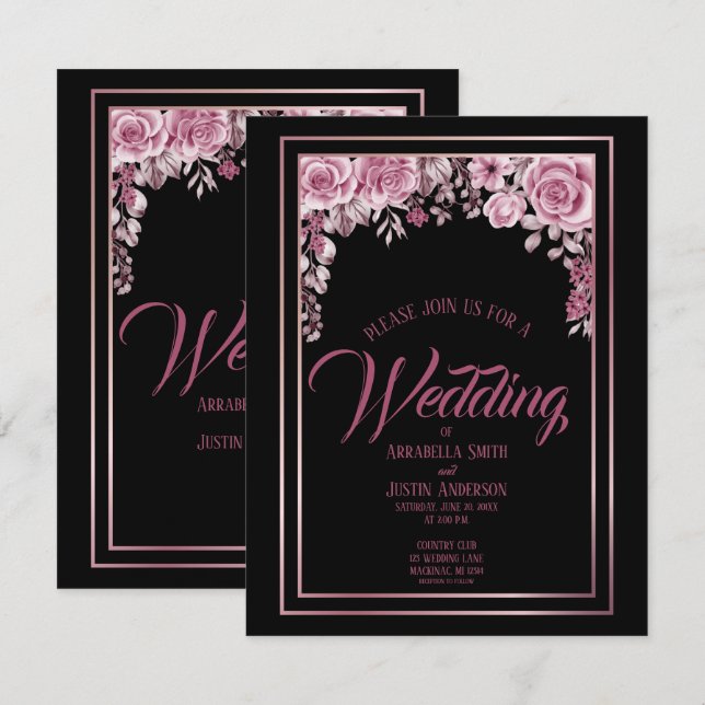 Black Floral Roses Gold Script Elegant Wedding Invitation (Front/Back)