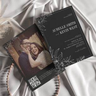Black Floral Rustic Elegant Photo Back QR Wedding  Invitation