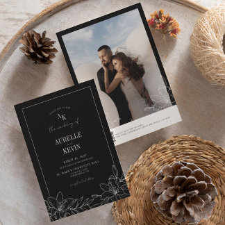 Black Floral Rustic Monogram Photo QR Wedding  Invitation