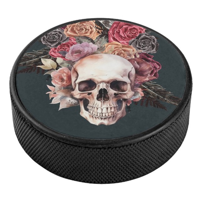 Black floral skull  hockey puck (3/4)