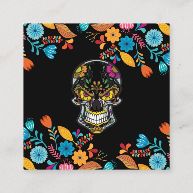 Black floral Skull Tattoo Square Business Card (Back)