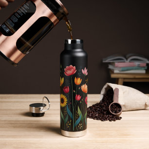 Black Floral Stainless Steel Water Bottle