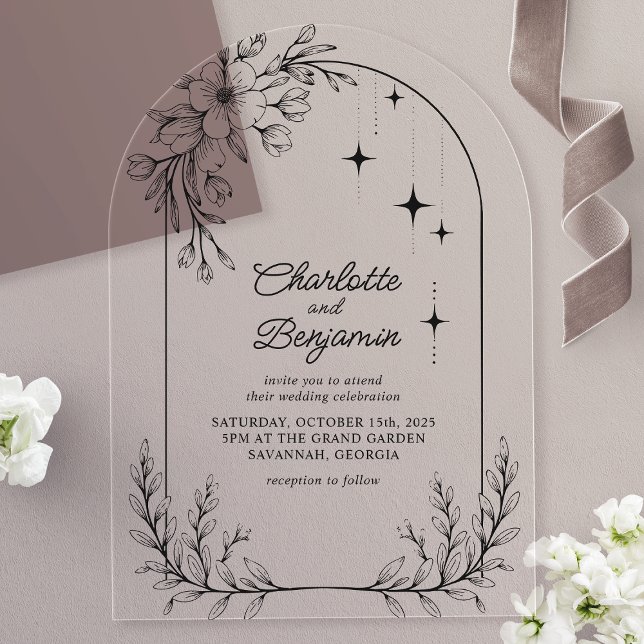 Black Floral Star Modern Arch Wedding Acrylic Invitations (Creator Uploaded)
