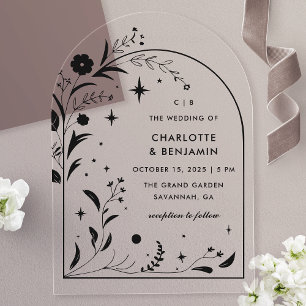 Black Floral Starry Night Arch Wedding Acrylic Invitations