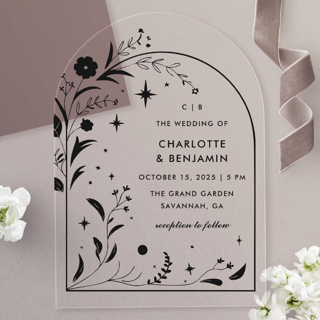 Black Floral Starry Night Arch Wedding Acrylic Invitations (Creator Uploaded)