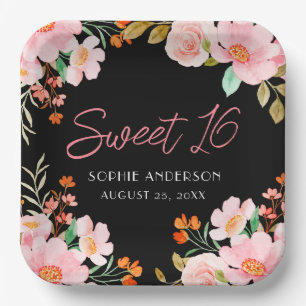 Black Floral Sweet 16 Birthday Party Plate
