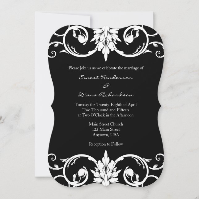 Black Floral Swirls Bracket Wedding Invitation (Front)