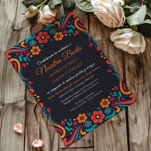 Black Floral Traditional Folk Art Spanish Wedding Invitation