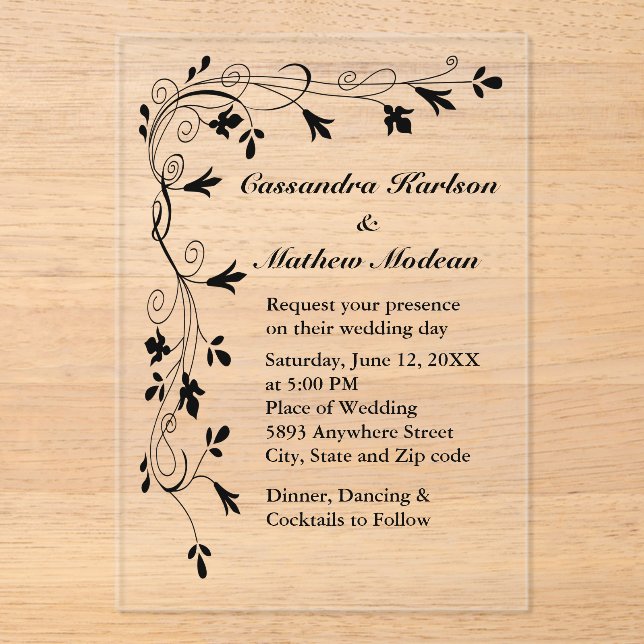 Black Floral Vine Wedding Elegant Botanical Acrylic Invitations (Front)