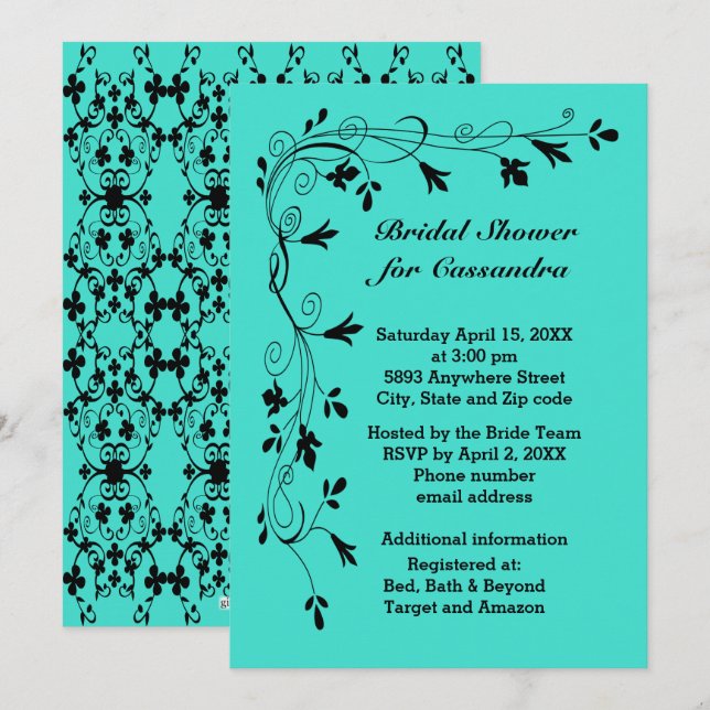 Black Floral Vines Turquoise or Colour Bride Showe Invitation (Front/Back)