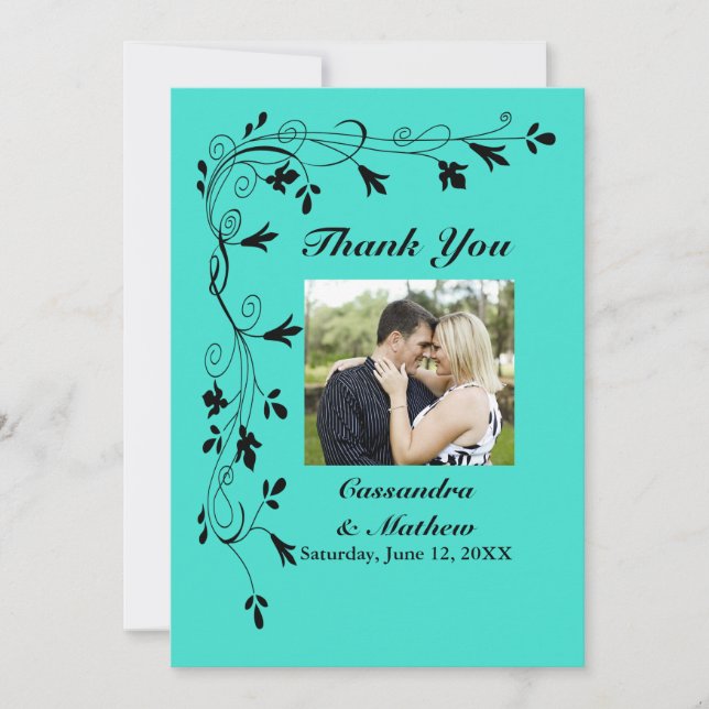 Black Floral Vines Turquoise or Colour Thank You Card (Front)