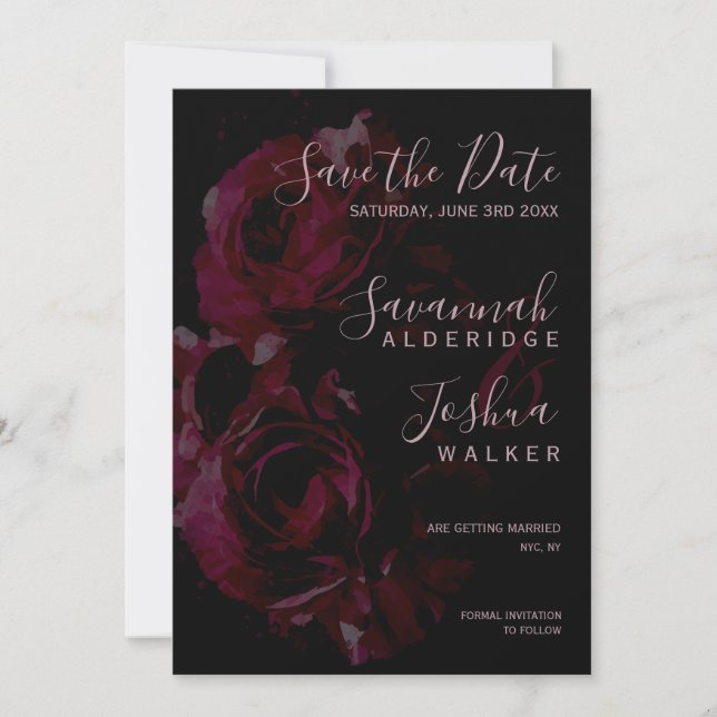 Black Floral Watercolor Wedding Save the Date Invitation (Front)