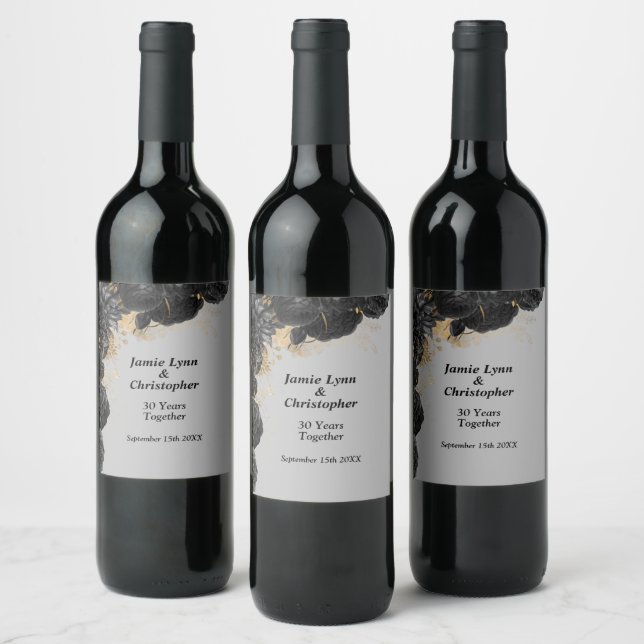Black Floral Wedding Anniversary Wine Label (Bottles)