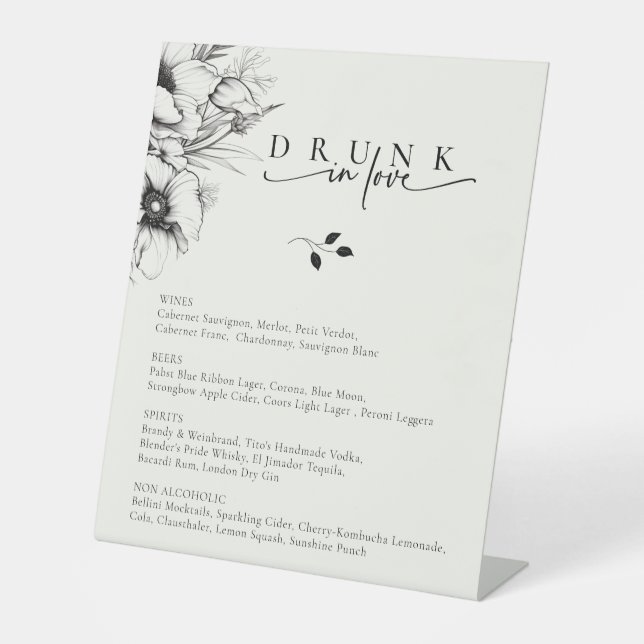 Black Floral Wedding Bar Menu Pedestal Sign (Front)