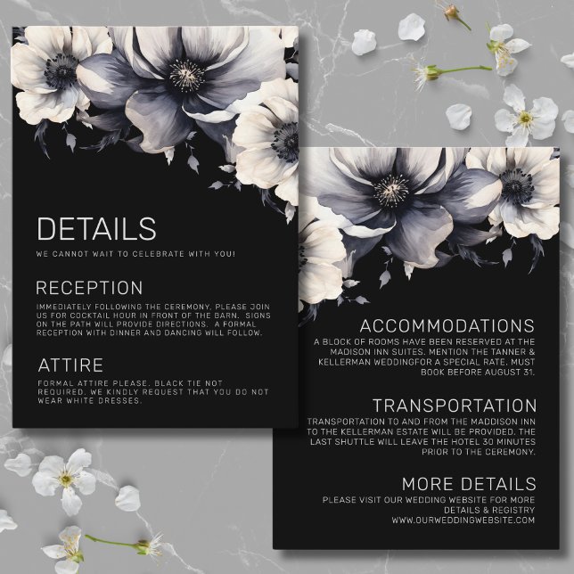 Black Floral Wedding Details Enclosure Card (Elegant Modern Black Floral Wedding Details Enclosure Card)