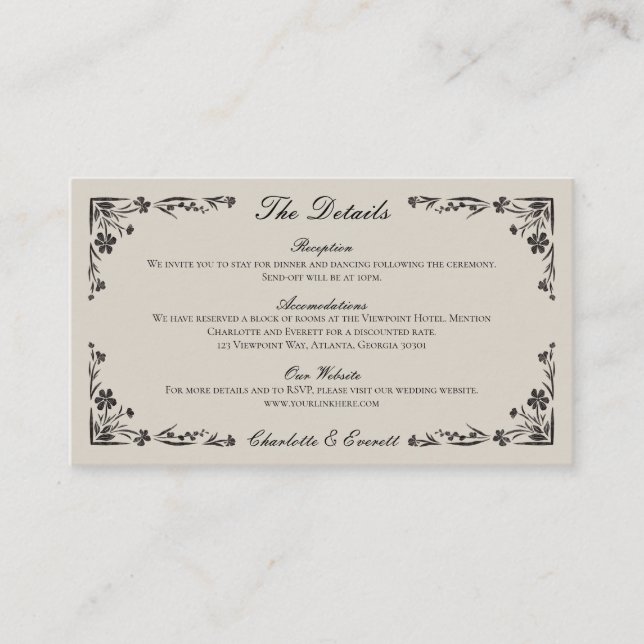Black Floral Wedding Details Enclosure Card (Front)