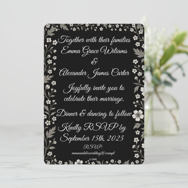 Black Floral Wedding Invitation with Elegant White (Standing Front)
