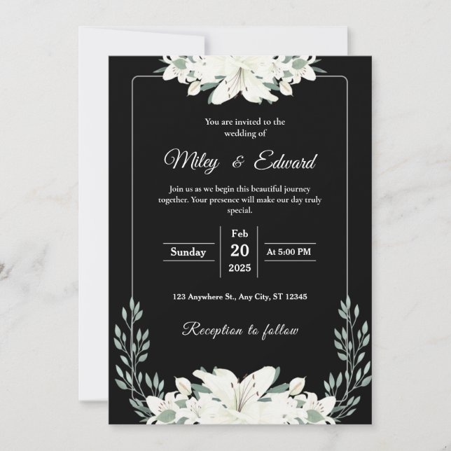 Black Floral Wedding Invitation with White Lily (Front)