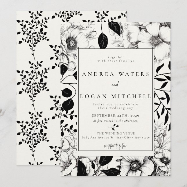 Black Floral Wedding Invitations (Front/Back)