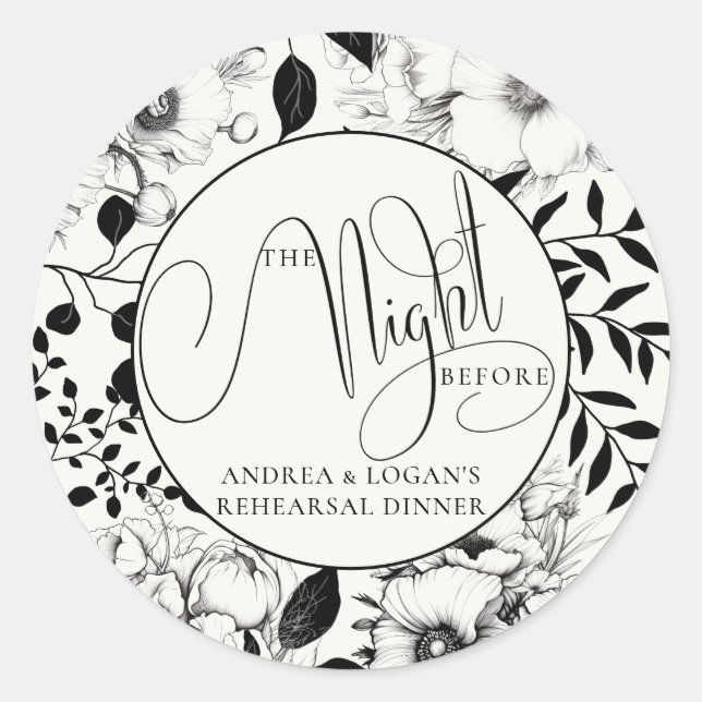 Black Floral Wedding Rehearsal Dinner  Classic Round Sticker (Front)