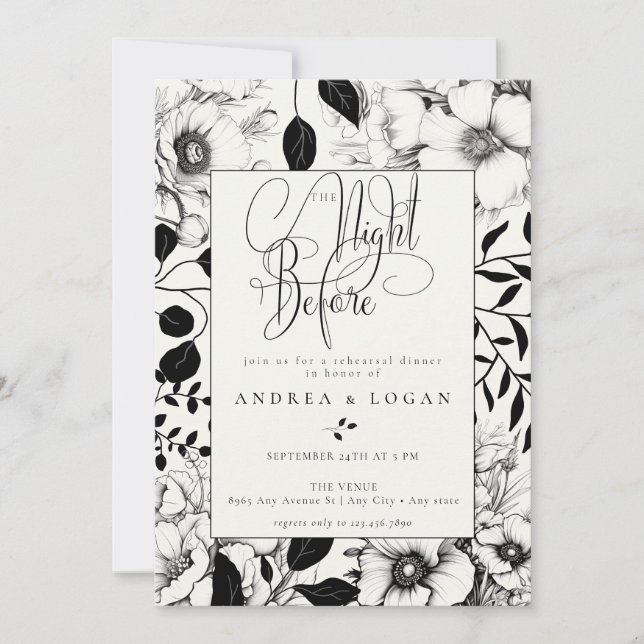 Black Floral Wedding Rehearsal Dinner Invitation (Front)