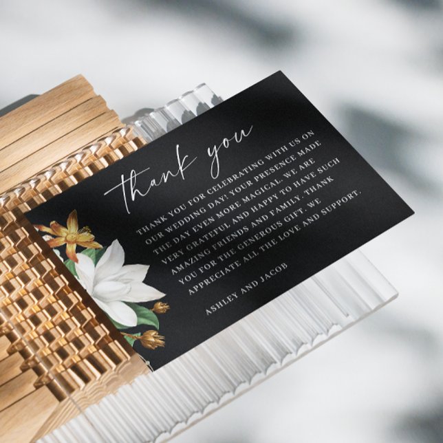 Black Floral Wedding | Romantic Modern Script Thank You Card (Creator Uploaded)