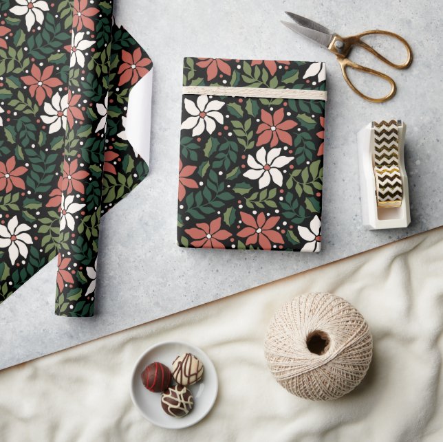 Black Floral Wildflower Christmas Wrapping Paper (Crafts)