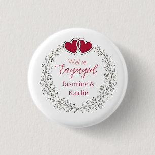 black floral wreath red heart we are engaged name 3 cm round badge