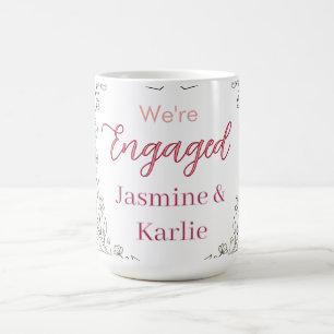 black floral wreath red heart we are engaged name coffee mug