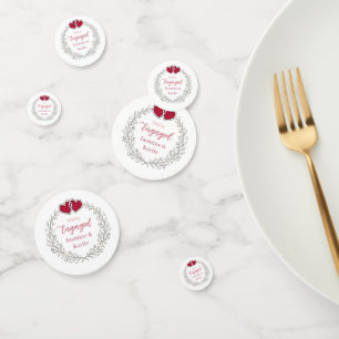 black floral wreath red heart we are engaged name confetti