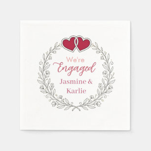 black floral wreath red heart we are engaged name napkin
