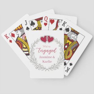 black floral wreath red heart we are engaged name  playing cards