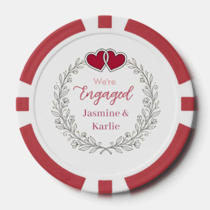 black floral wreath red heart we are engaged name  poker chips