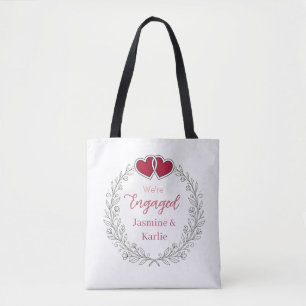 black floral wreath red heart we are engaged name  tote bag