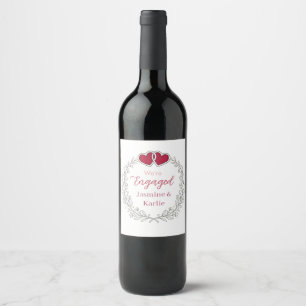 black floral wreath red heart we are engaged name wine label