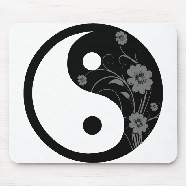 Black Floral Yin Yang Mouse Mat (Front)