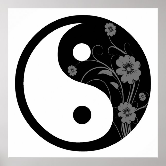 Black Floral Yin Yang Symbol Poster (Front)