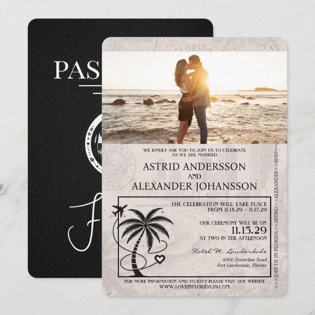 Black Florida Passport Wedding Invitation (Front/Back)