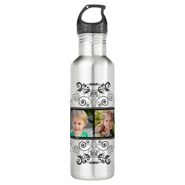 Black Flourish 4-Photo Frame 710 Ml Water Bottle (Front)
