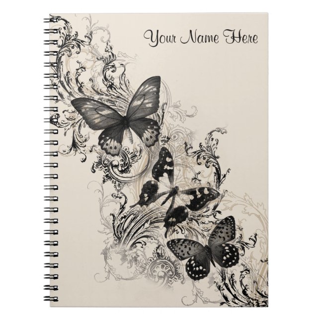 Black Flourish Butterflies  Notebook (Front)