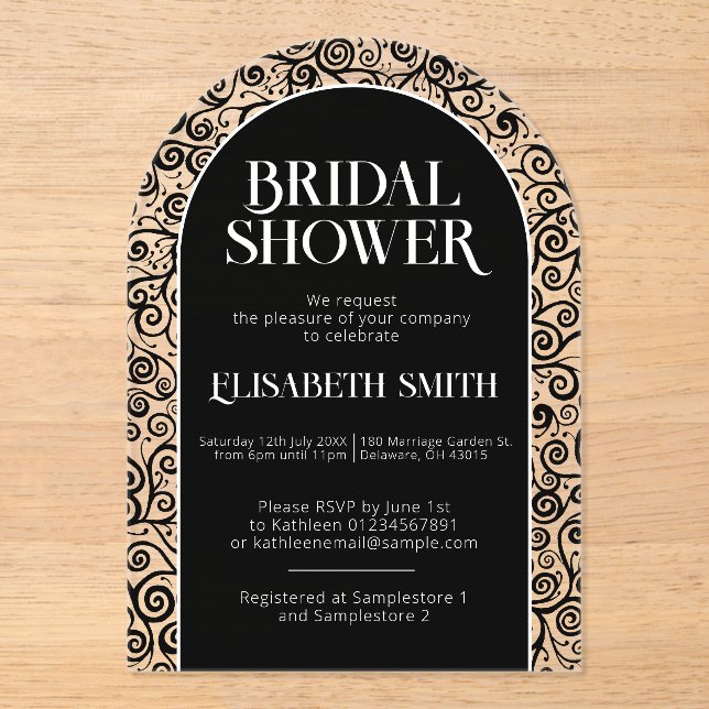    Black Flourish Dark Gothic Witchy Bridal Shower Acrylic Invitations (Front)