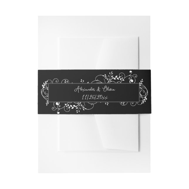 Black Flourish Wedding Invitation Belly Band (Front Example)