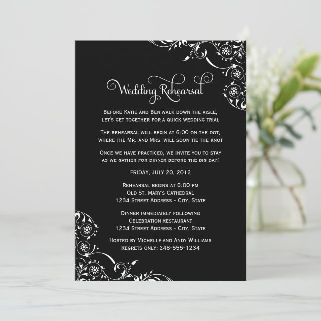 Black Flourish Wedding Rehearsal Invitation (Standing Front)