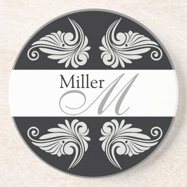 Black Flourishes  Wedding Anniversary Monogram Coaster (Front)